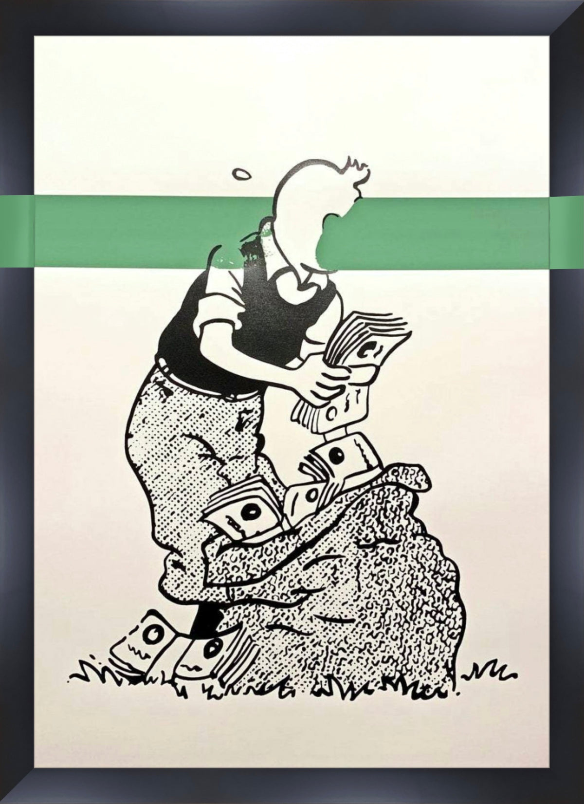 Tintin Cash (Green Stripe)Custom Hooked Framing by Carl Stimpson