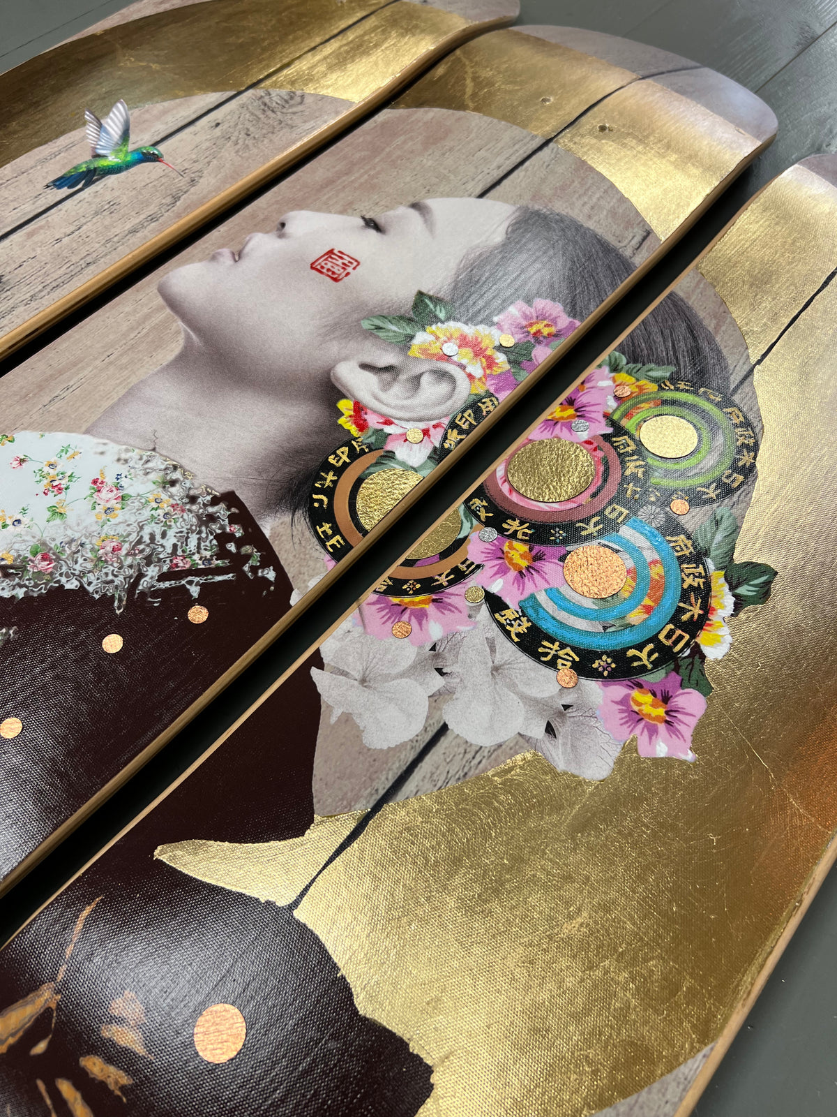Patience New Rose with Hummingbird Skate Deck Trio by Gareth Tristan Evans