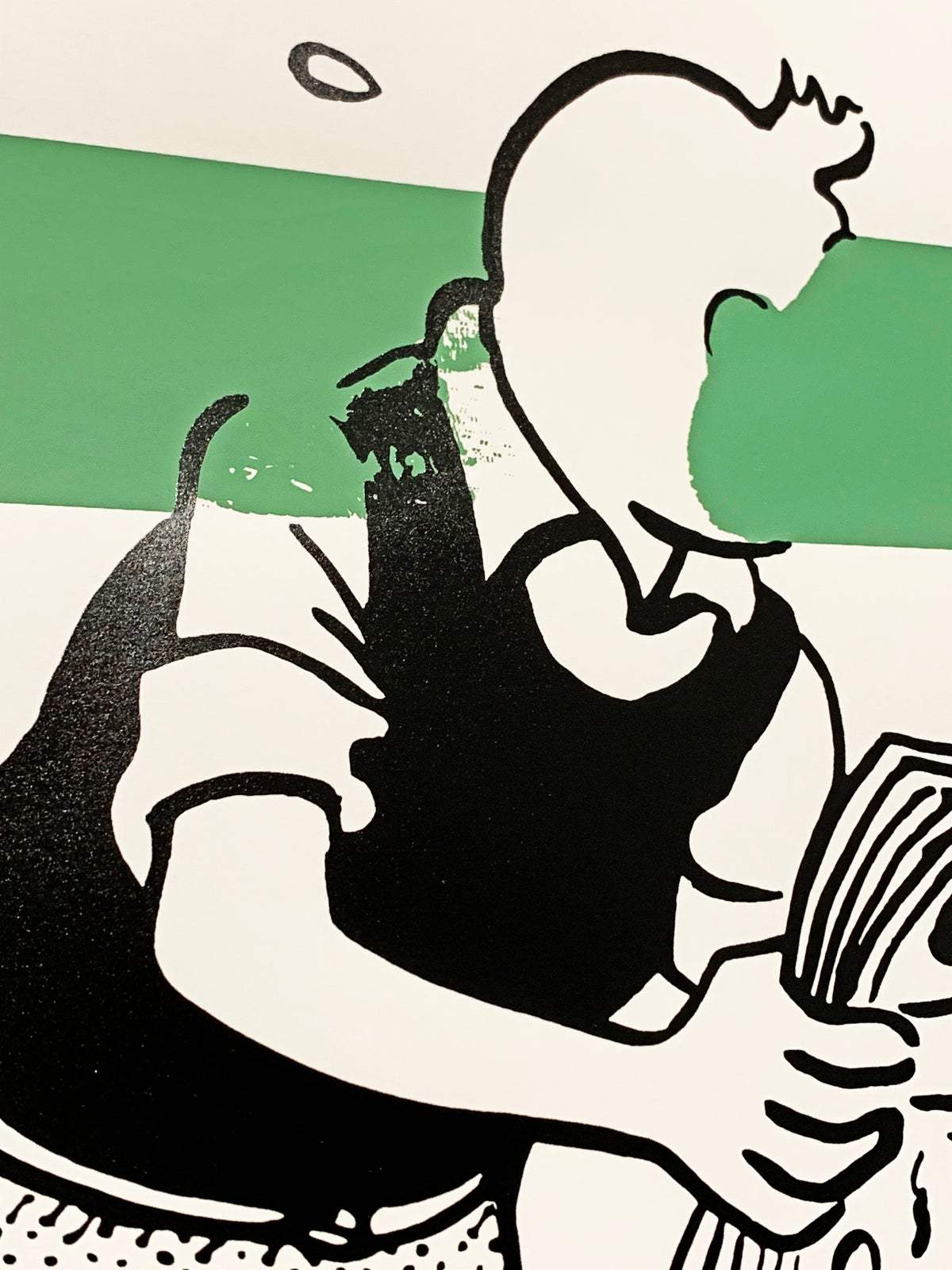 Tintin Cash (Green Stripe)Custom Hooked Framing by Carl Stimpson